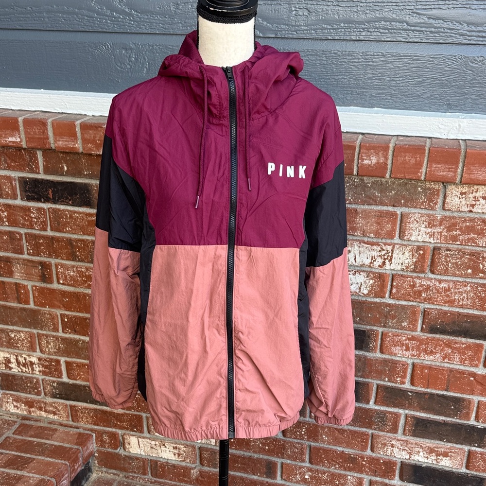 PINK Victoria's Secret Colorblock Windbreaker Jacket M/L Maroon Black Pink Hood